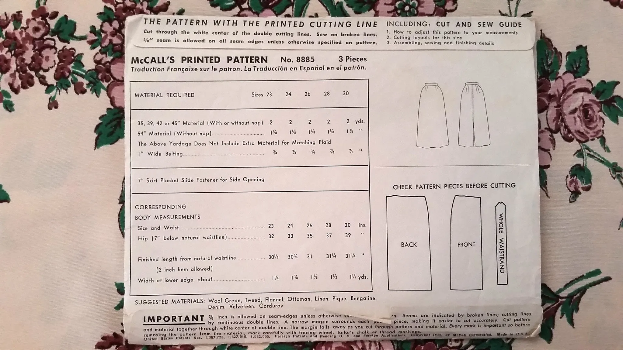 1952 McCalls Vintage Sewing Pattern 8885 - Skirt - Waist 28