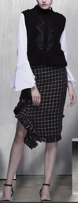 3 Pc Beaded Wool Vest, Blouse and Asymmetric Fringed Skirt