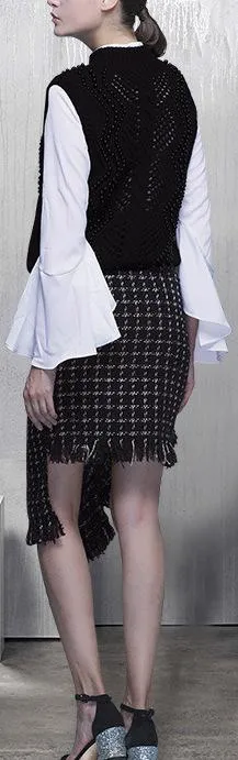 3 Pc Beaded Wool Vest, Blouse and Asymmetric Fringed Skirt