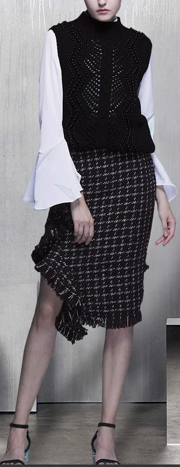 3 Pc Beaded Wool Vest, Blouse and Asymmetric Fringed Skirt