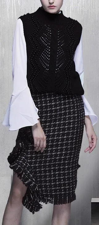 3 Pc Beaded Wool Vest, Blouse and Asymmetric Fringed Skirt