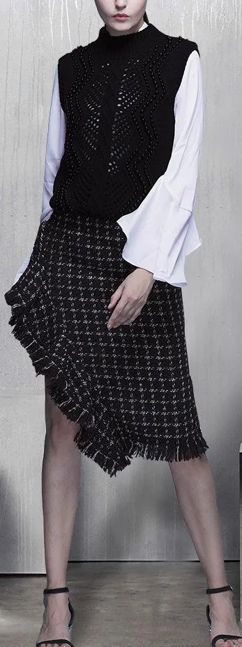 3 Pc Beaded Wool Vest, Blouse and Asymmetric Fringed Skirt