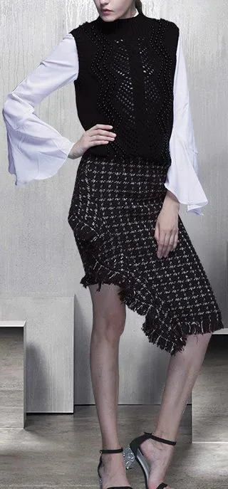 3 Pc Beaded Wool Vest, Blouse and Asymmetric Fringed Skirt