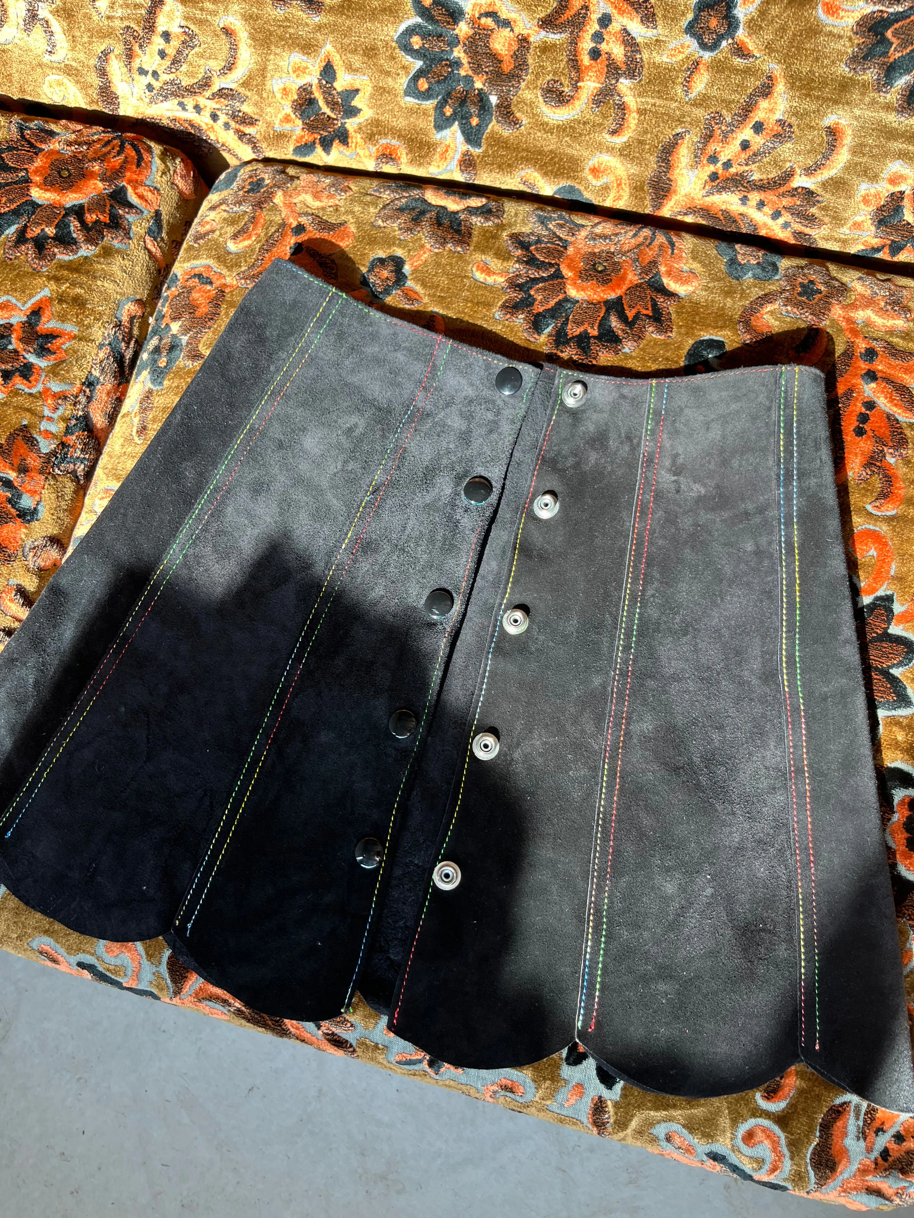 70s Suede Rainbow Threaded Mini Skirt