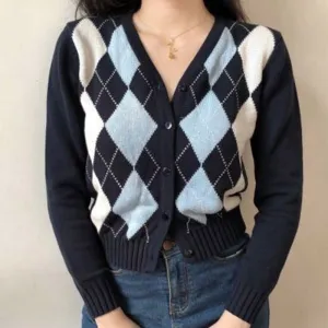 Argyle Women Cardigan Vintage Autumn Knit Short Sweater Long Sleeve England Fashion Casual Female Outwear