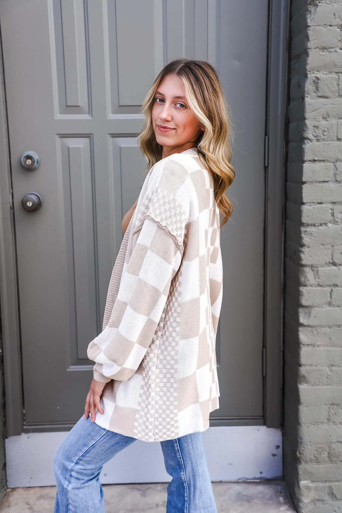 Basic Beige Checkered Cardigan