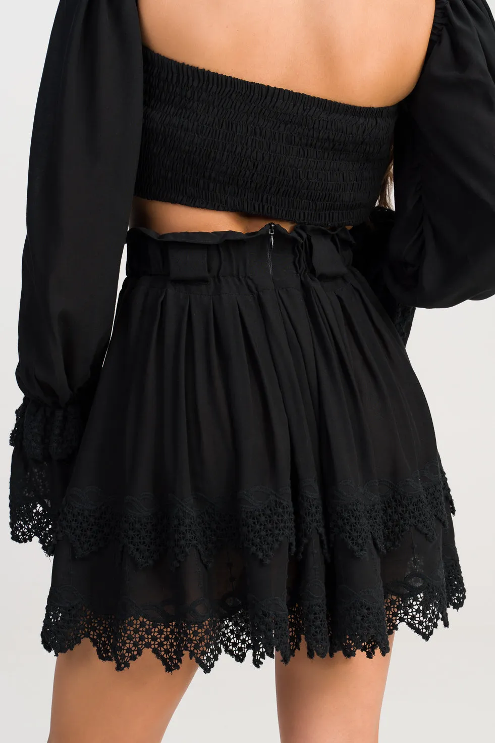 Bella  Black Ruffled broderie cotton-blend mini skirt