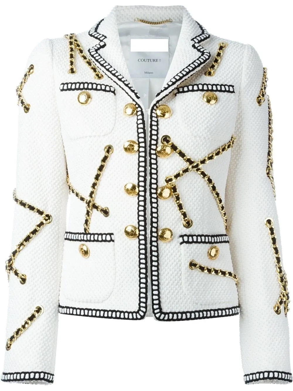Chain Embellished Jacket & Skirt Set, White
