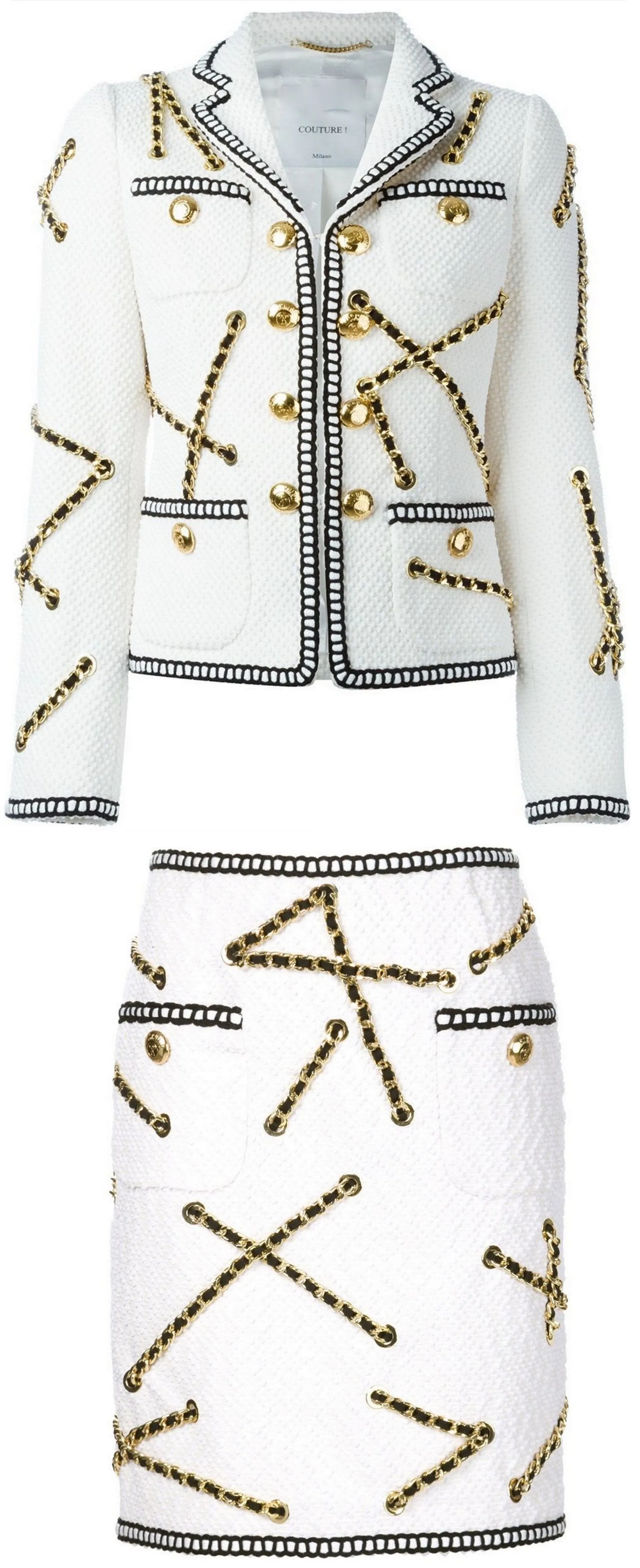 Chain Embellished Jacket & Skirt Set, White