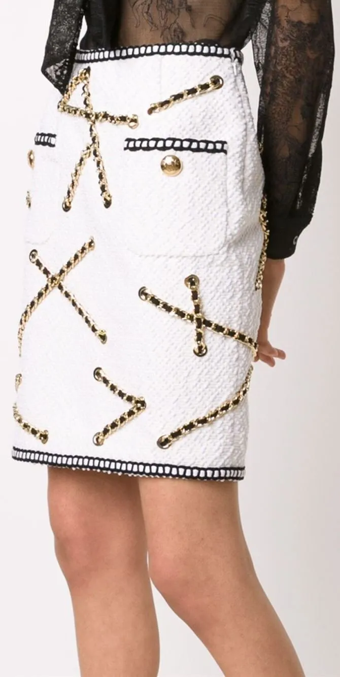 Chain Embellished Jacket & Skirt Set, White
