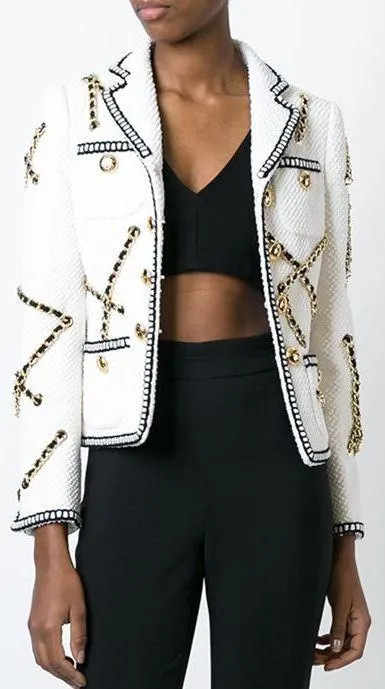 Chain Embellished Jacket & Skirt Set, White