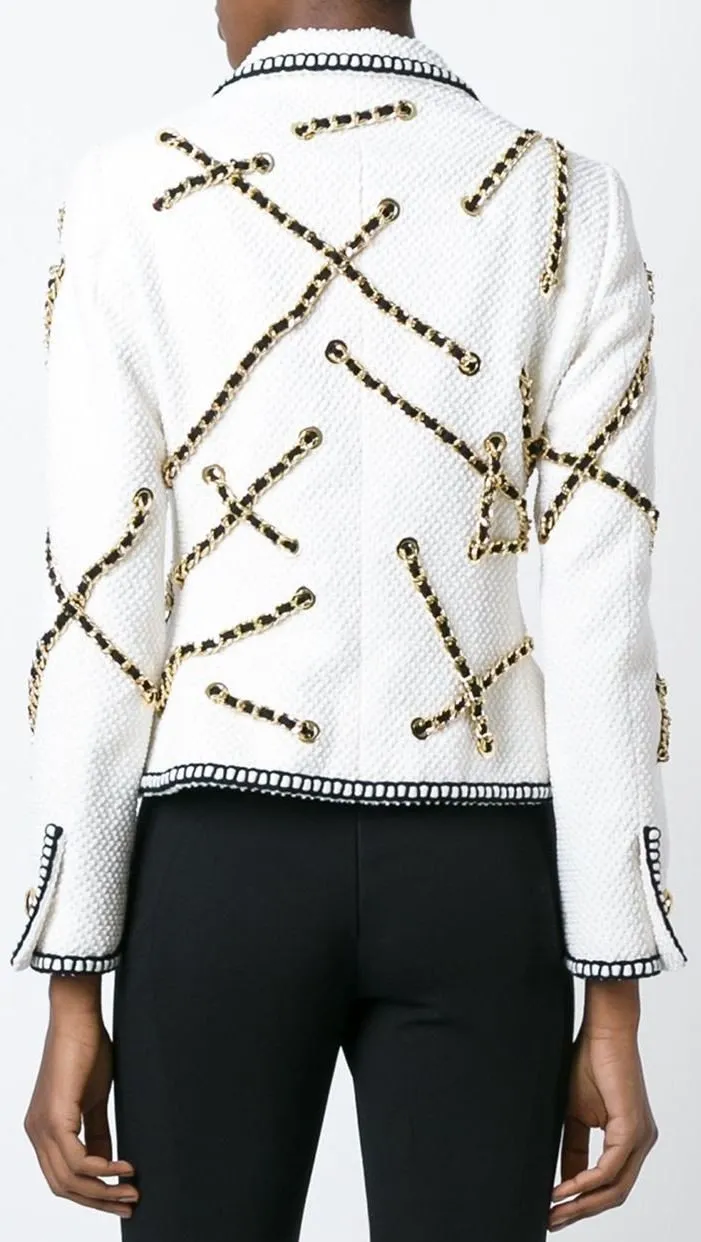 Chain Embellished Jacket & Skirt Set, White