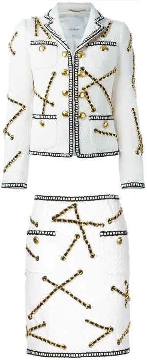 Chain Embellished Jacket & Skirt Set, White