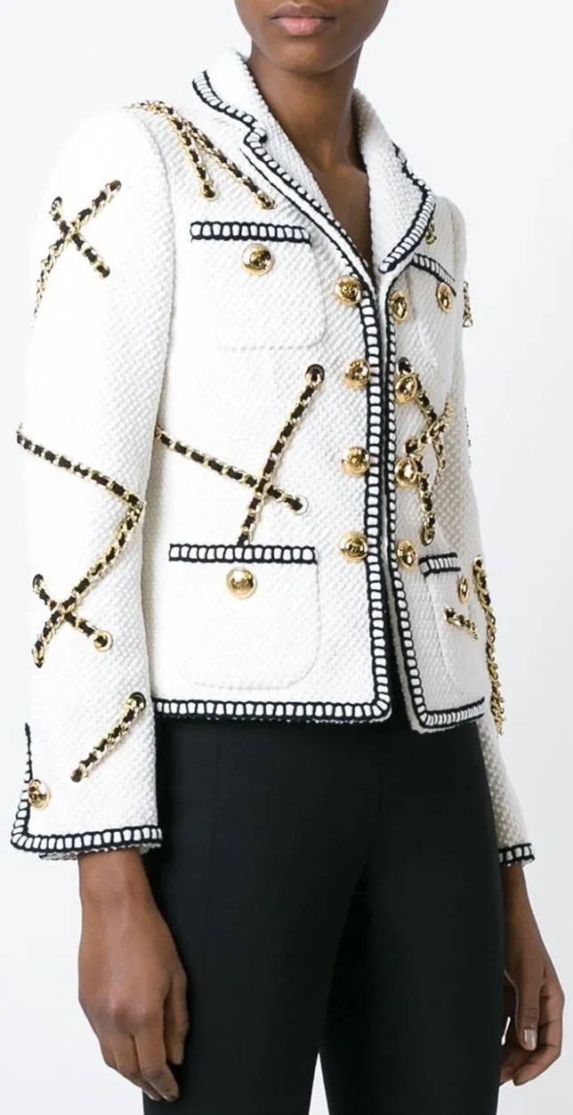 Chain Embellished Jacket & Skirt Set, White