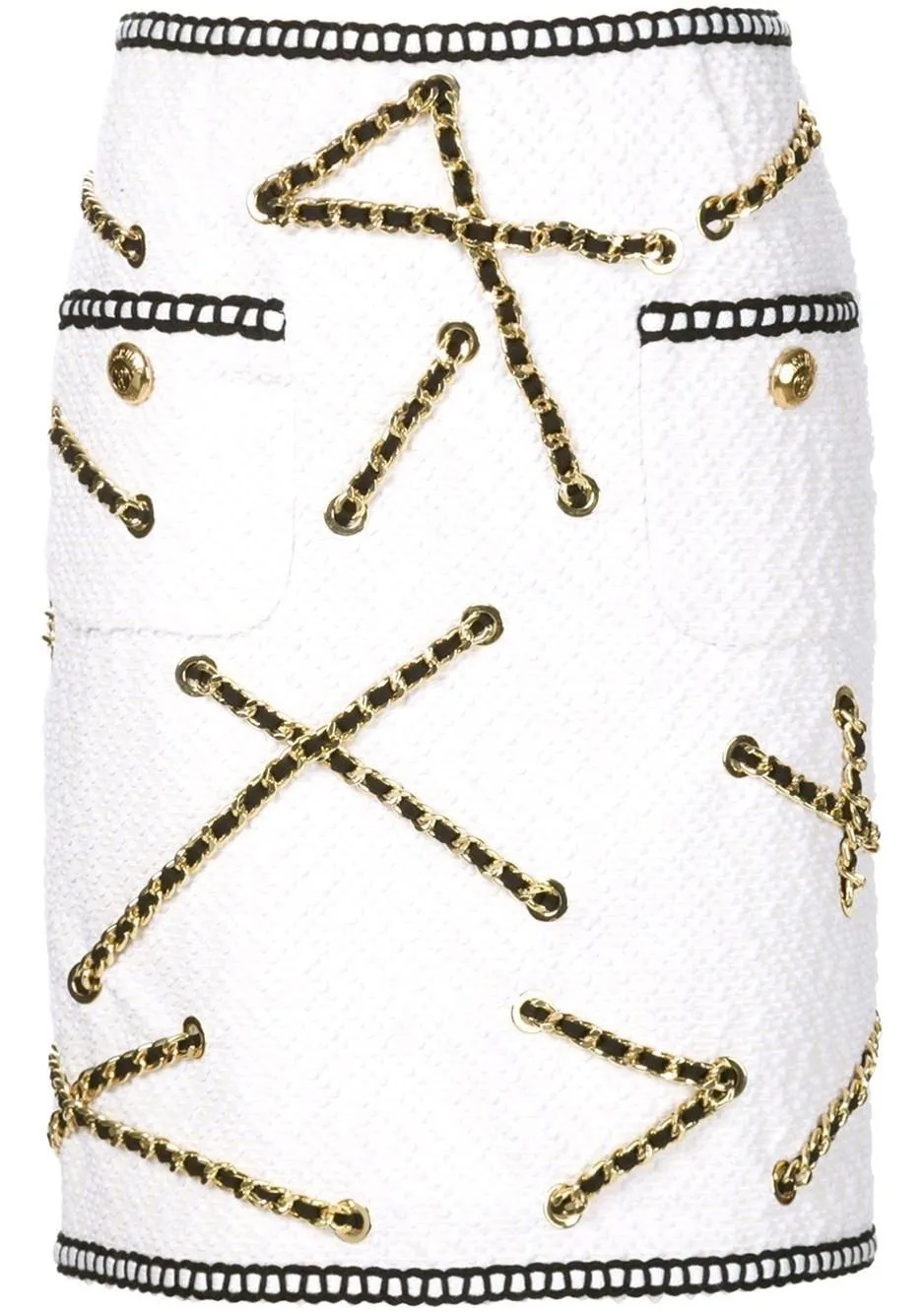 Chain Embellished Jacket & Skirt Set, White