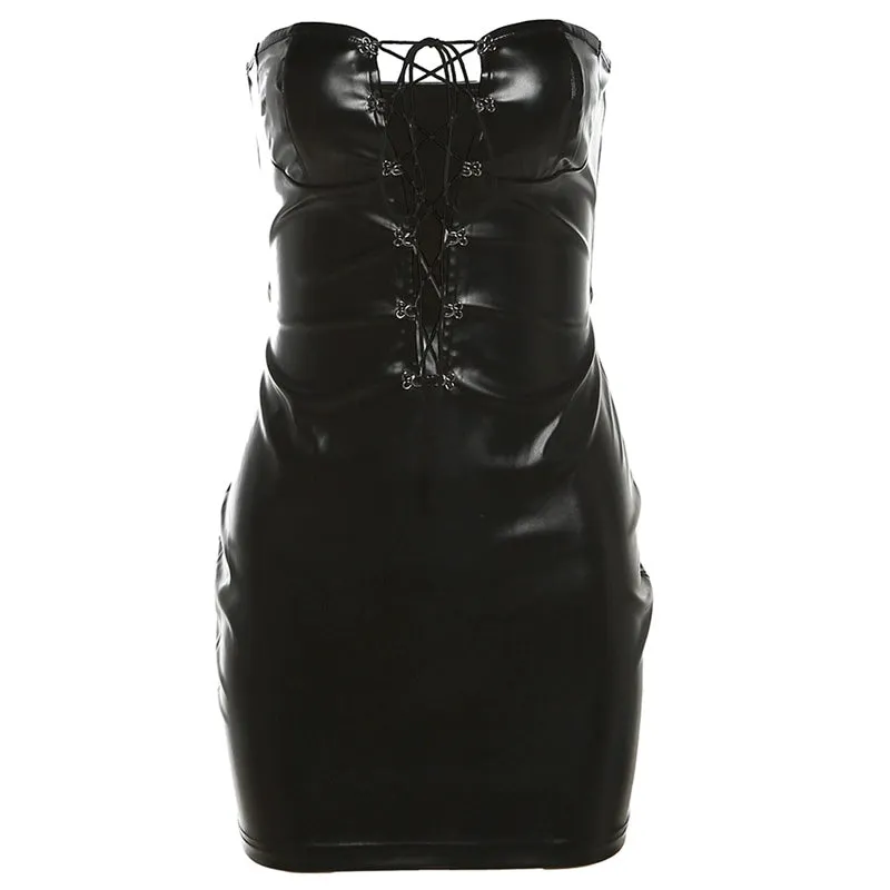 Cool Sexy Wind Black PU Leather Tube Top Dress Slim-Fit Lace up Hollow Sexy Hip Skirt