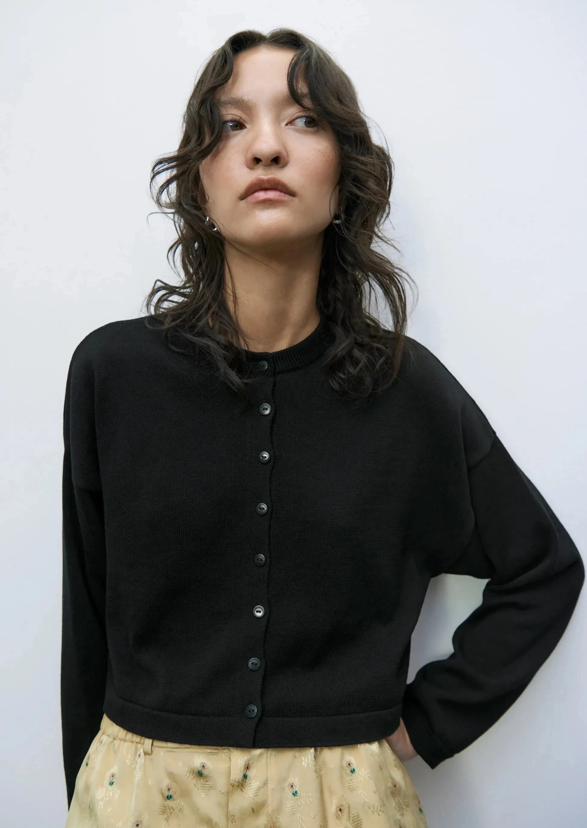 Cotton Cropped Cardigan, Black