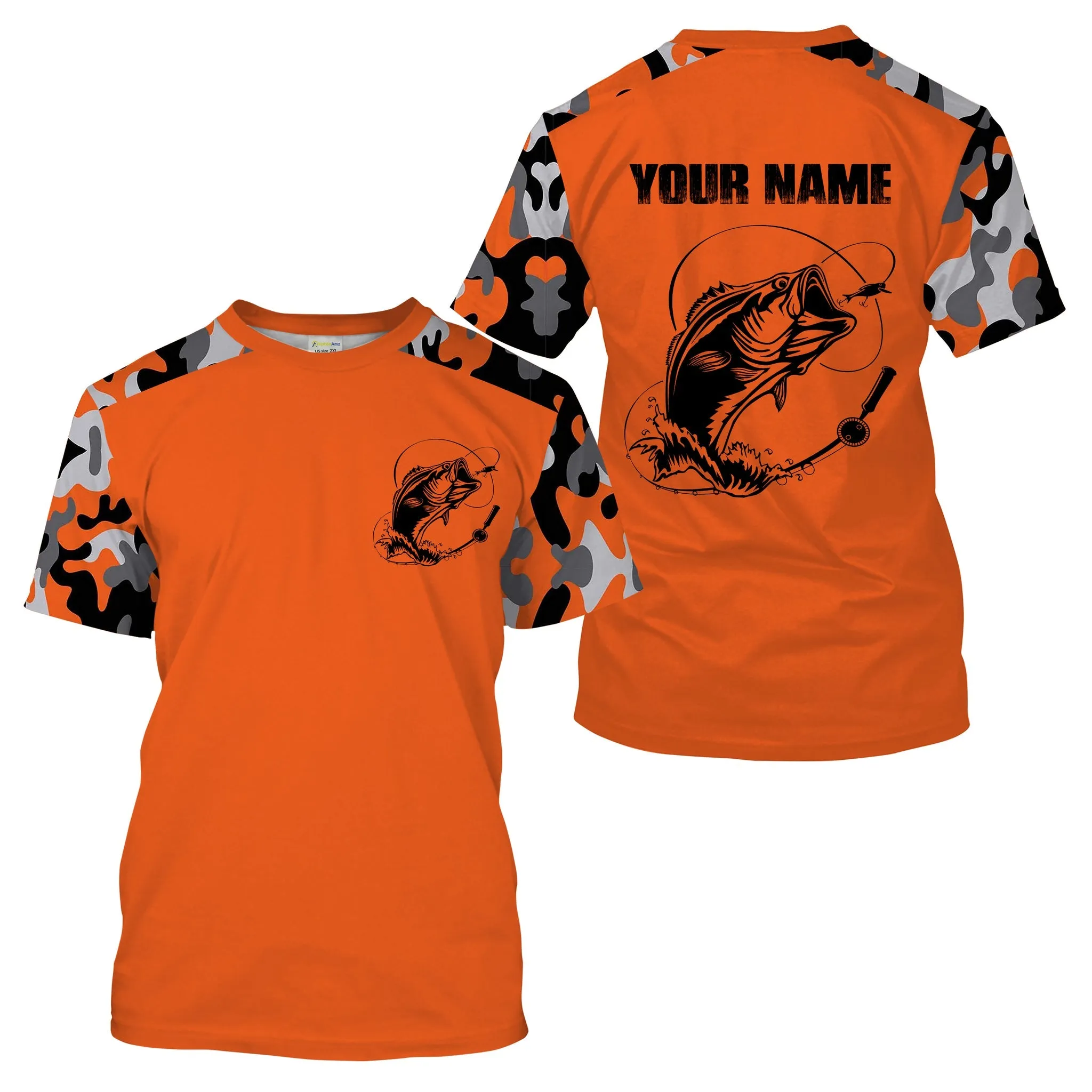 Custom Name Bass Fishing Camouflage Orange Performance Fishing Shirt, Bass Fishing Jerseys