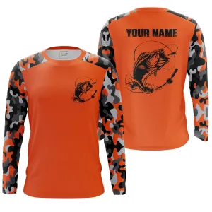 Custom Name Bass Fishing Camouflage Orange Performance Fishing Shirt, Bass Fishing Jerseys