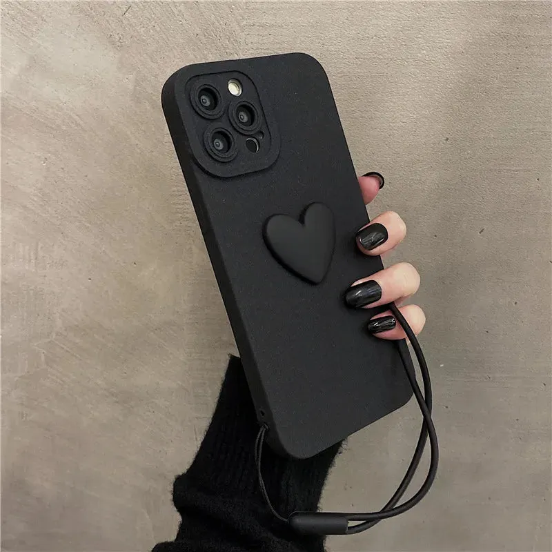 Cute 3D Heart Shape Design Wrist Hand Strap Phone Case Cover For iPhone 15 14 13 12 11 Pro Max X XS XR 7 8 Plus