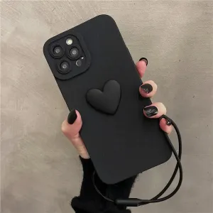 Cute 3D Heart Shape Design Wrist Hand Strap Phone Case Cover For iPhone 15 14 13 12 11 Pro Max X XS XR 7 8 Plus
