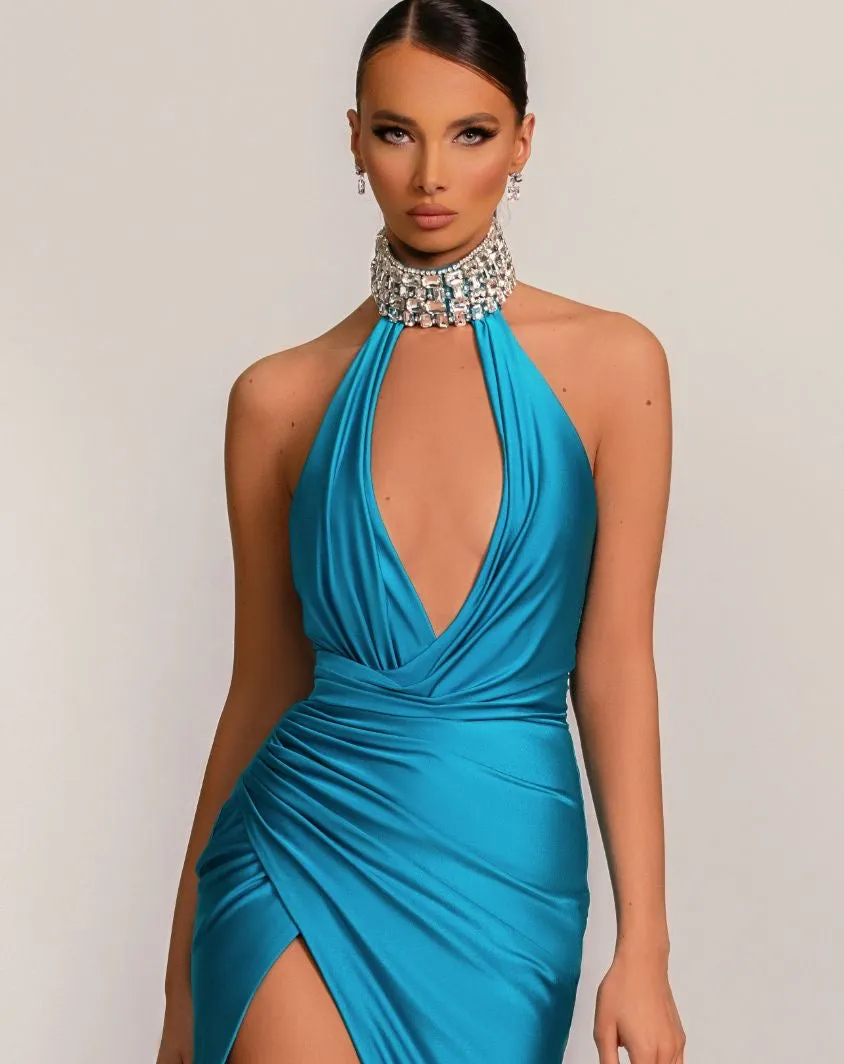 Danna Deep V-Neck Blue Evening Dress