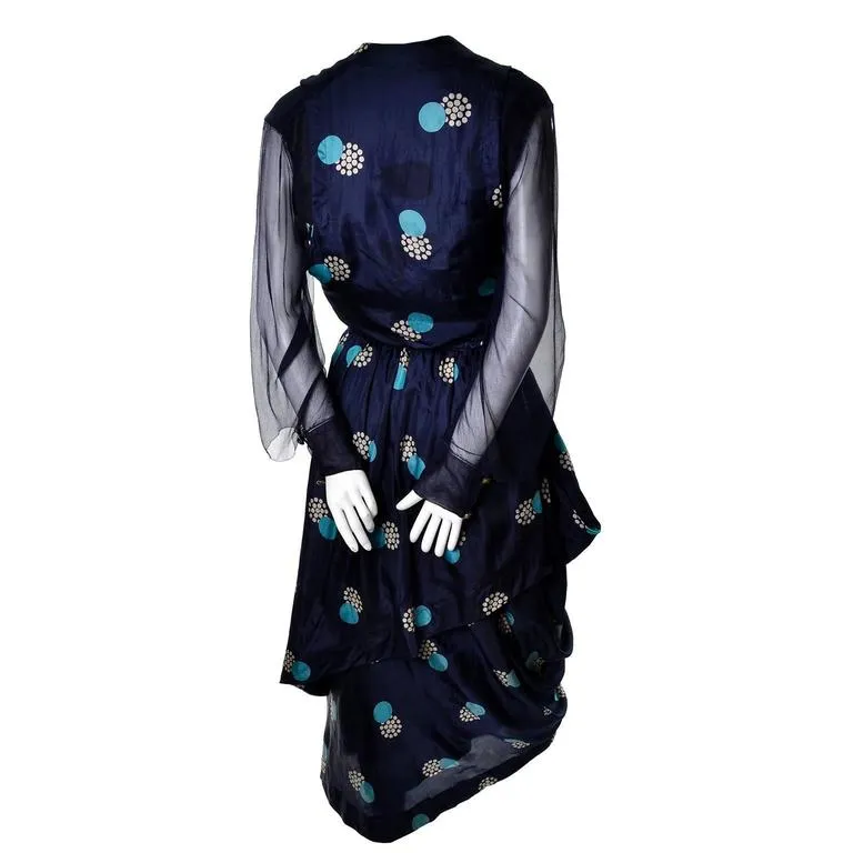 Edwardian Navy Blue Silk Vintage Dress w/ Rare Circle Print
