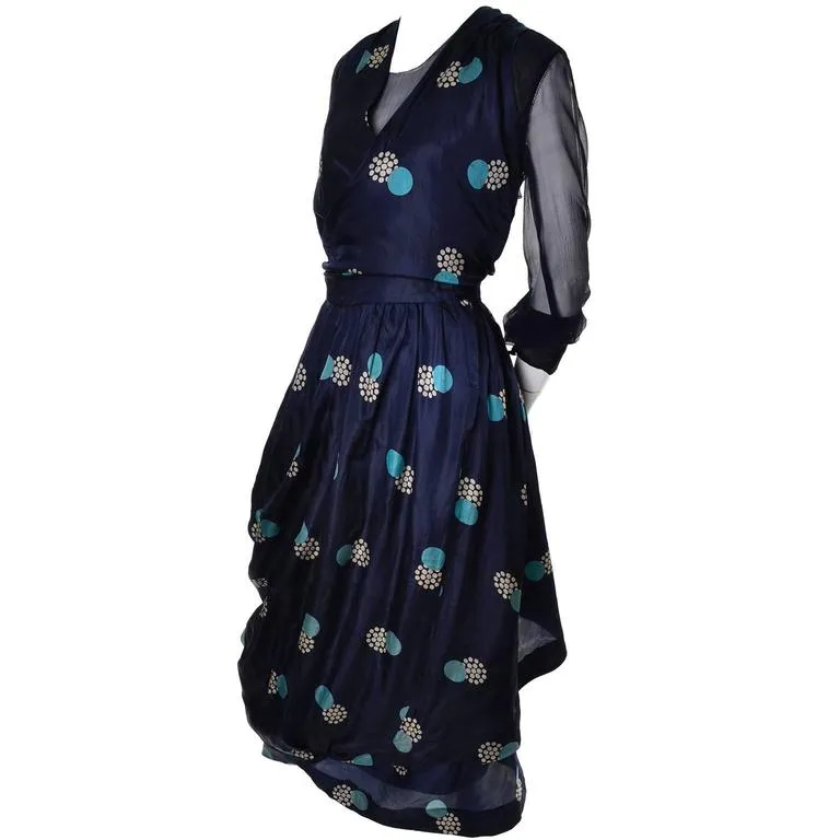 Edwardian Navy Blue Silk Vintage Dress w/ Rare Circle Print