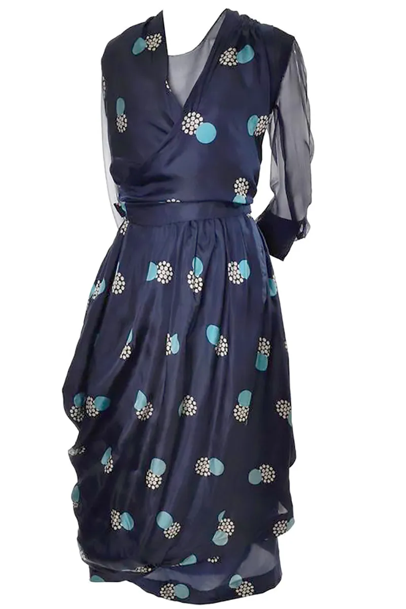 Edwardian Navy Blue Silk Vintage Dress w/ Rare Circle Print