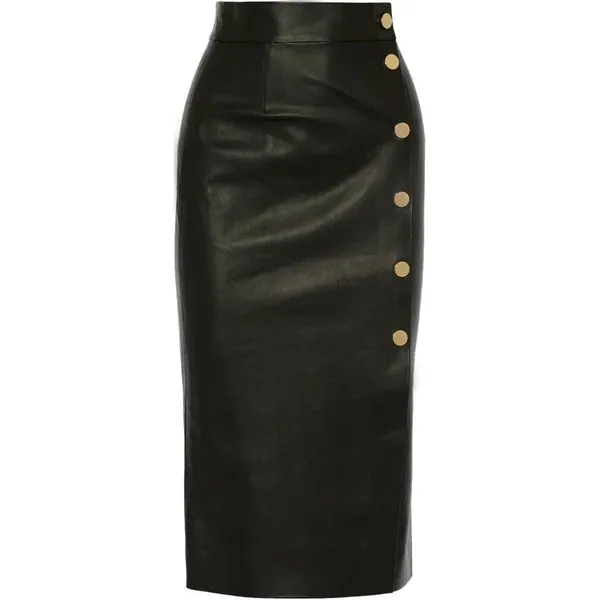 Elegant High Waist Lambskin Leather Midi Skirt WS41