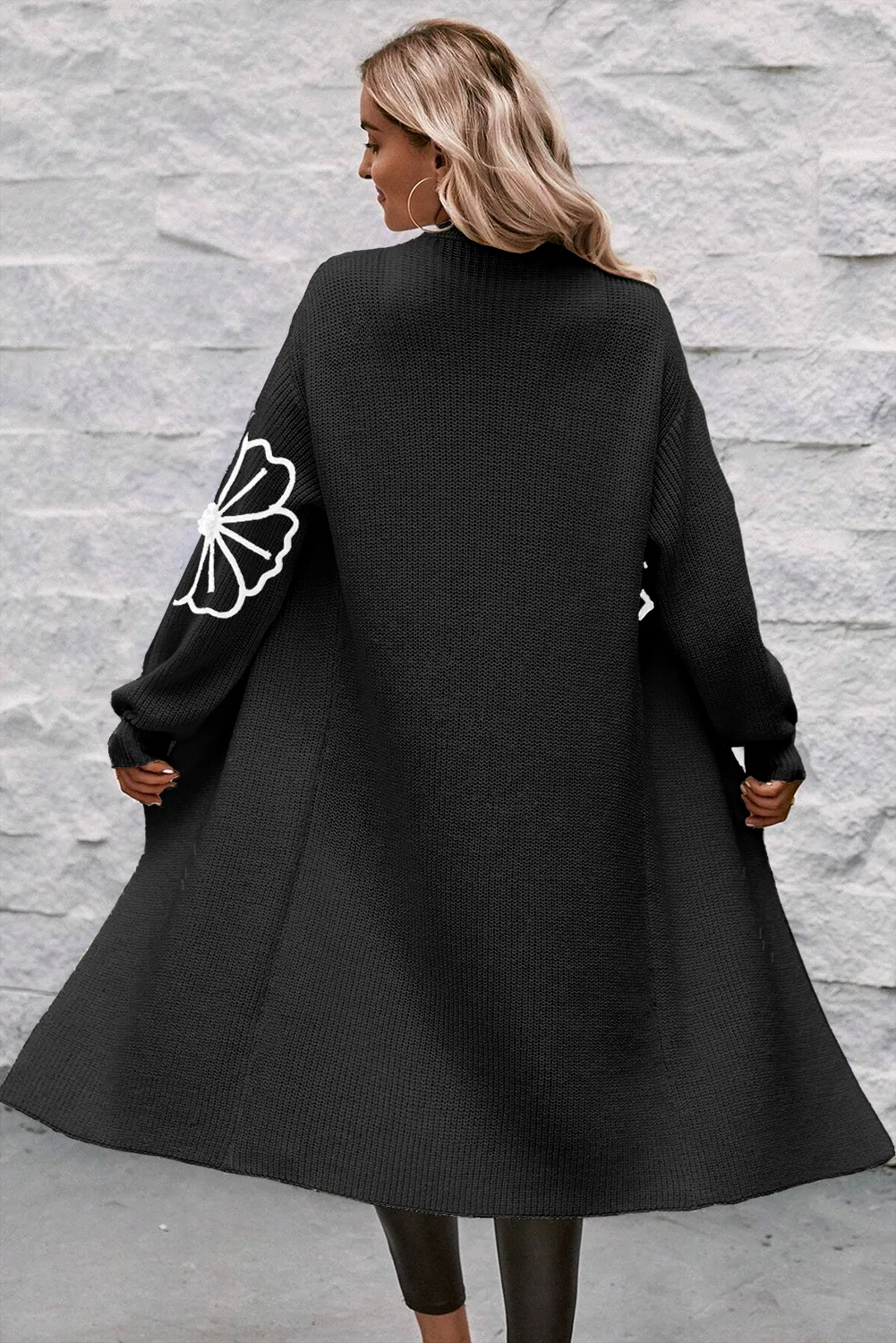 Embroidered Black Floral Drop Shoulder Duster Cardigan with Open Front