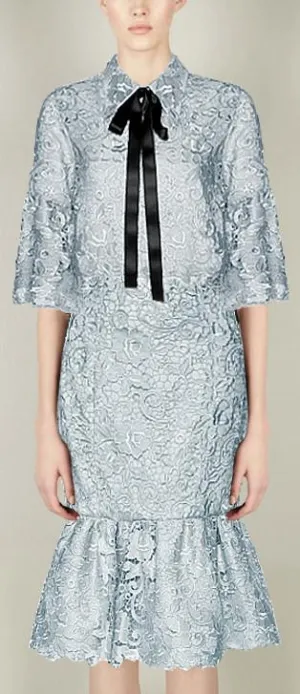 Floral Macrame Top & Flared-Hem Skirt Set in Light Blue