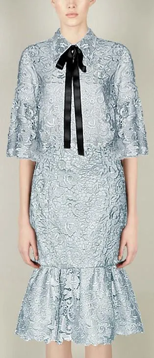 Floral Macrame Top & Flared-Hem Skirt Set in Light Blue
