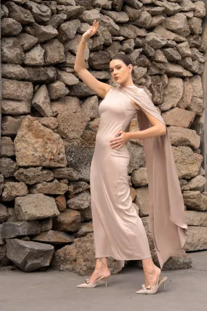 FLOWY SATIN DRESS WITH DETACHABLE CAPE