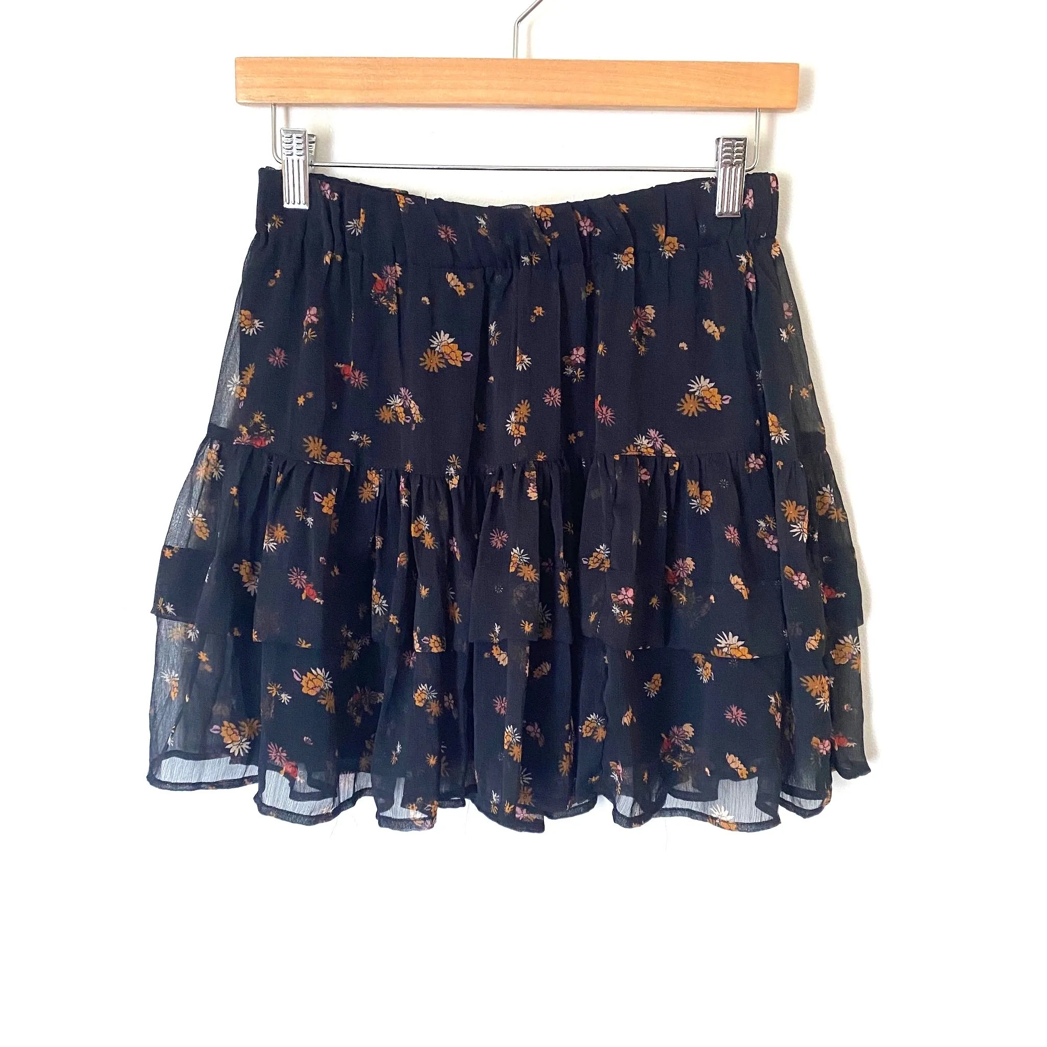 Free People Black Floral Ruffle Mini Skirt- Size S