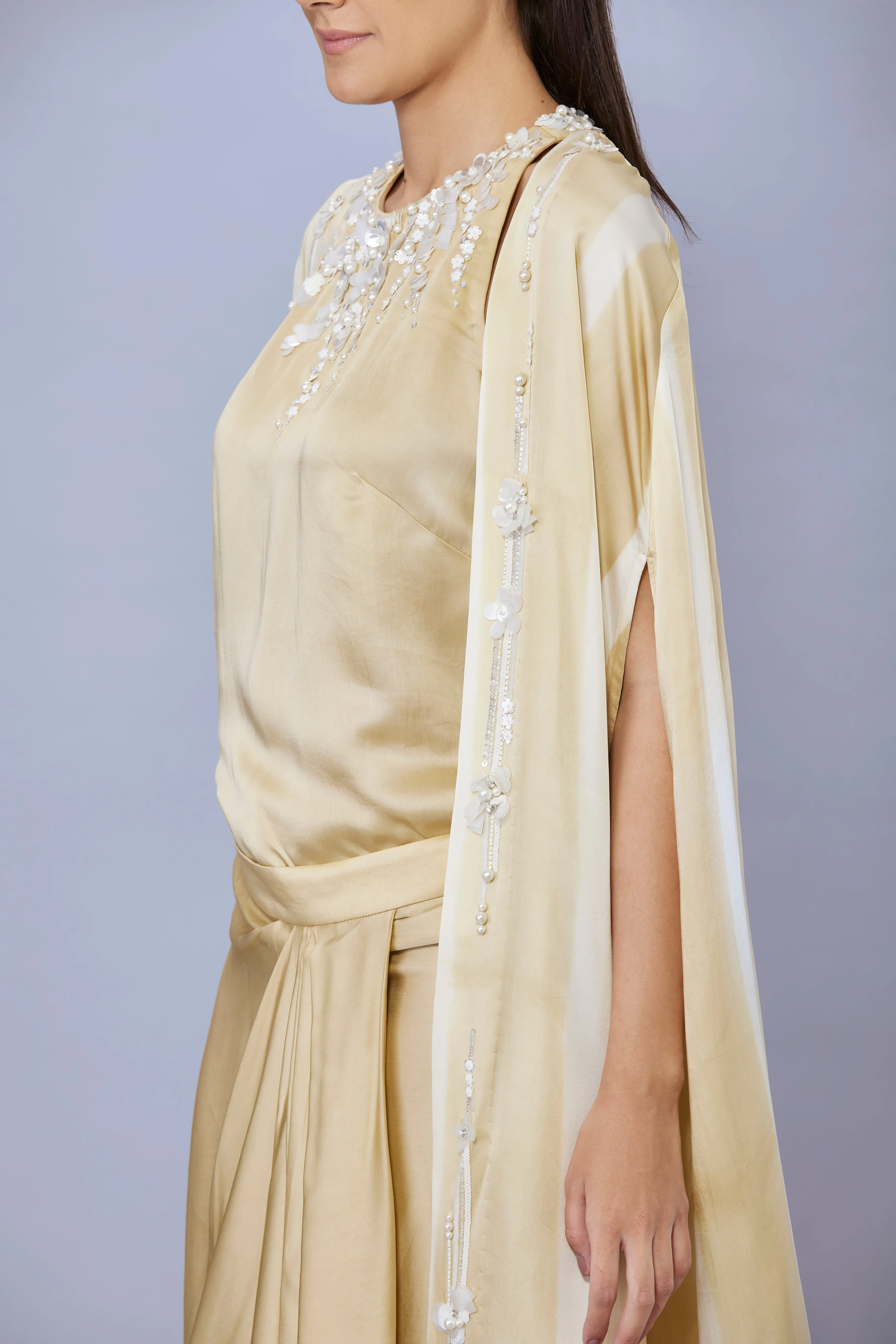 Gold tye dye cape with emb sleeveless emb top & draped skirt