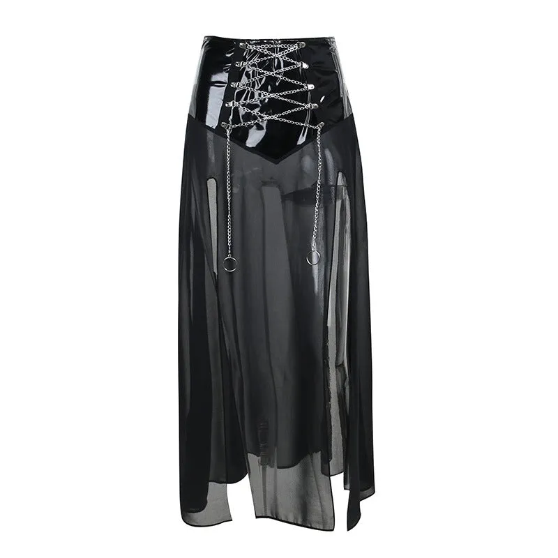 Gothic Dark Lace Sexy Fashion High-Slit Mesh Lace-Up Sheer Dress