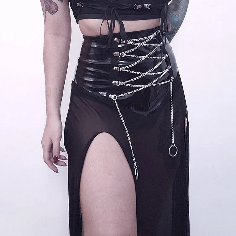 Gothic Dark Lace Sexy Fashion High-Slit Mesh Lace-Up Sheer Dress