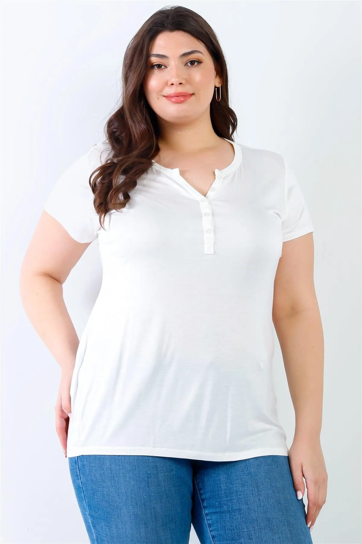 Junior Plus Off-White Short Sleeve Henley T-Shirt Top /2-2-2