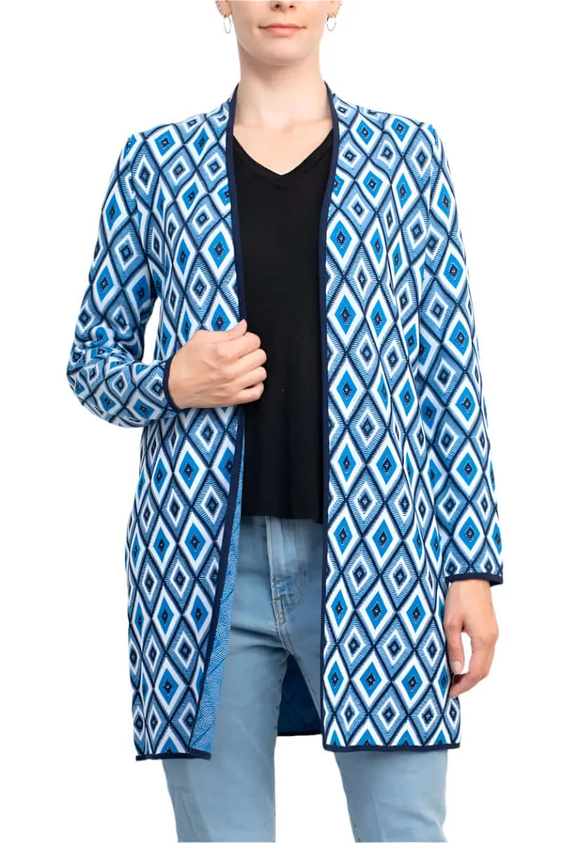 Kasper Open Front Piping Detail Diamond Jacquard Cardigan