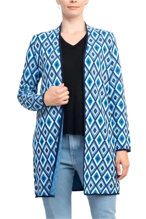 Kasper Open Front Piping Detail Diamond Jacquard Cardigan