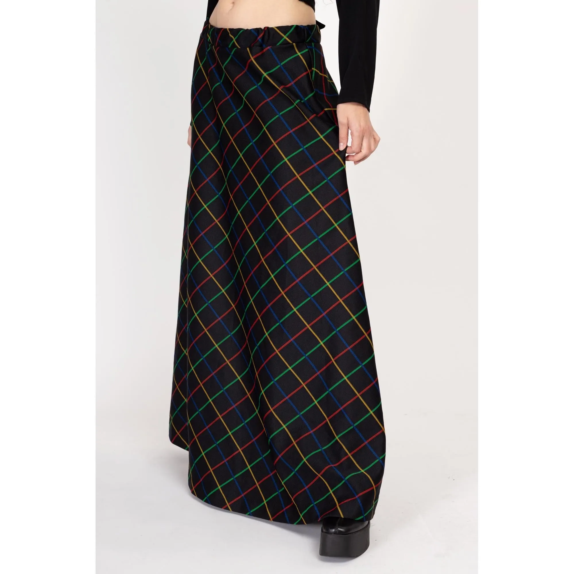 Large 70s Black Primary Color Windowpane Plaid Maxi Skirt