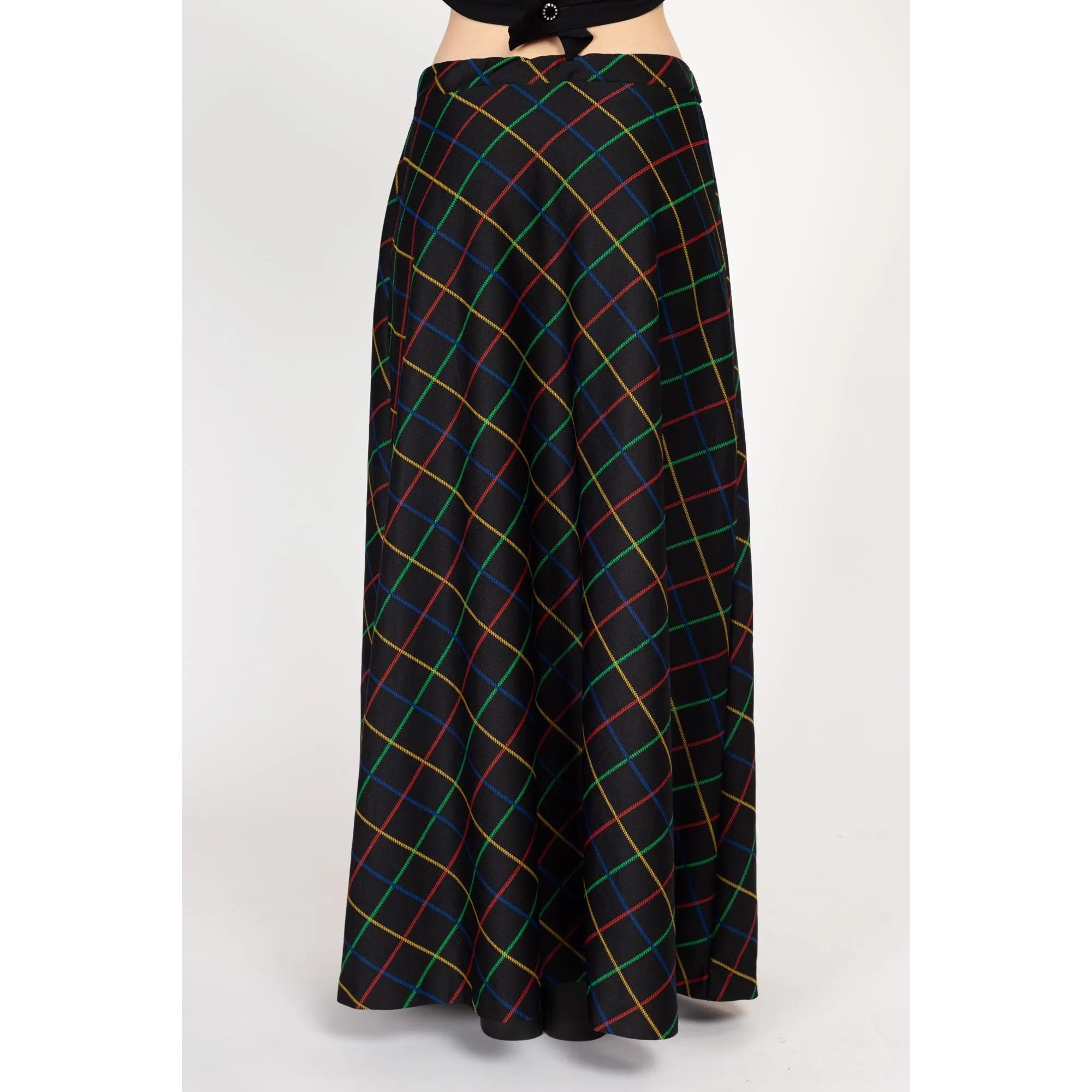Large 70s Black Primary Color Windowpane Plaid Maxi Skirt