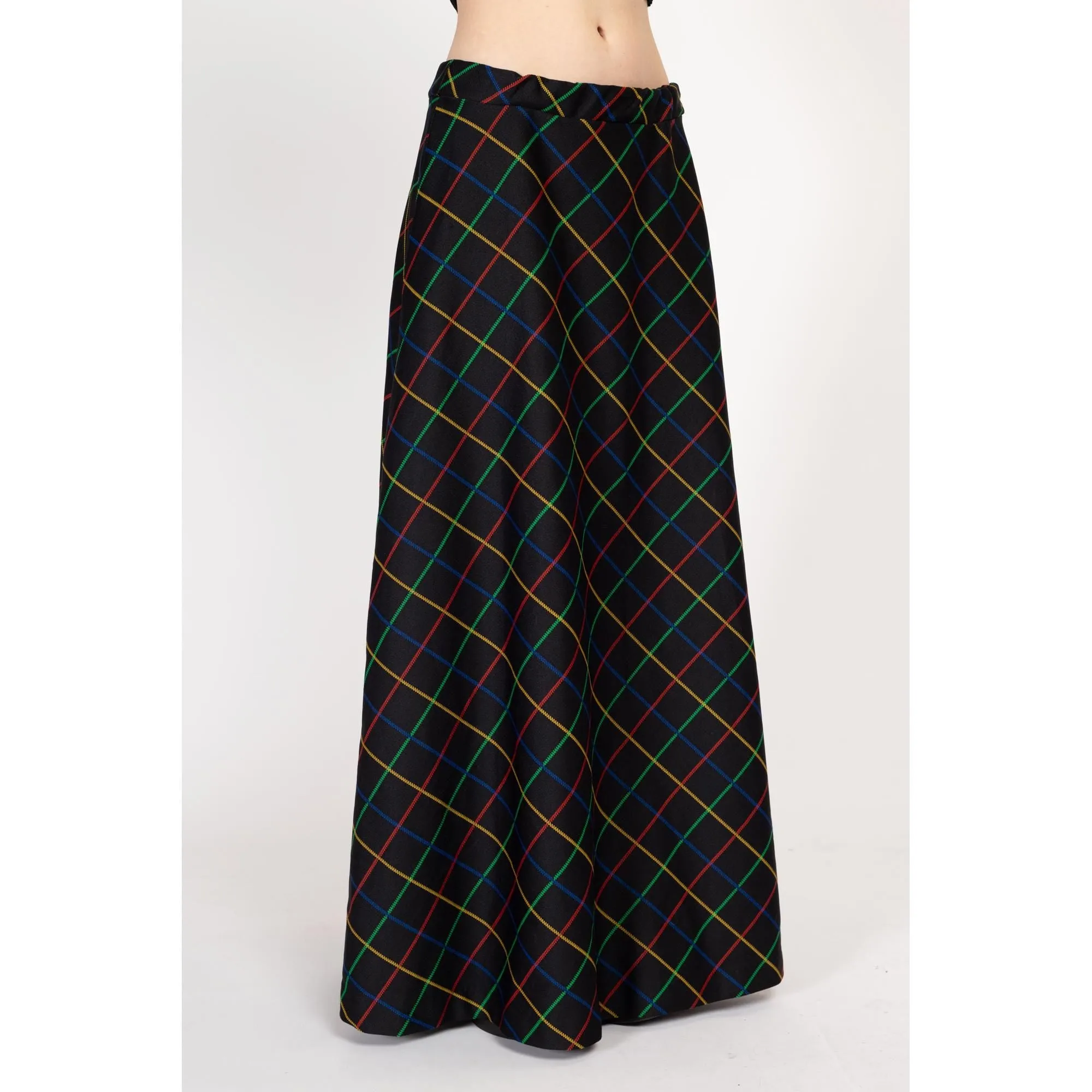 Large 70s Black Primary Color Windowpane Plaid Maxi Skirt