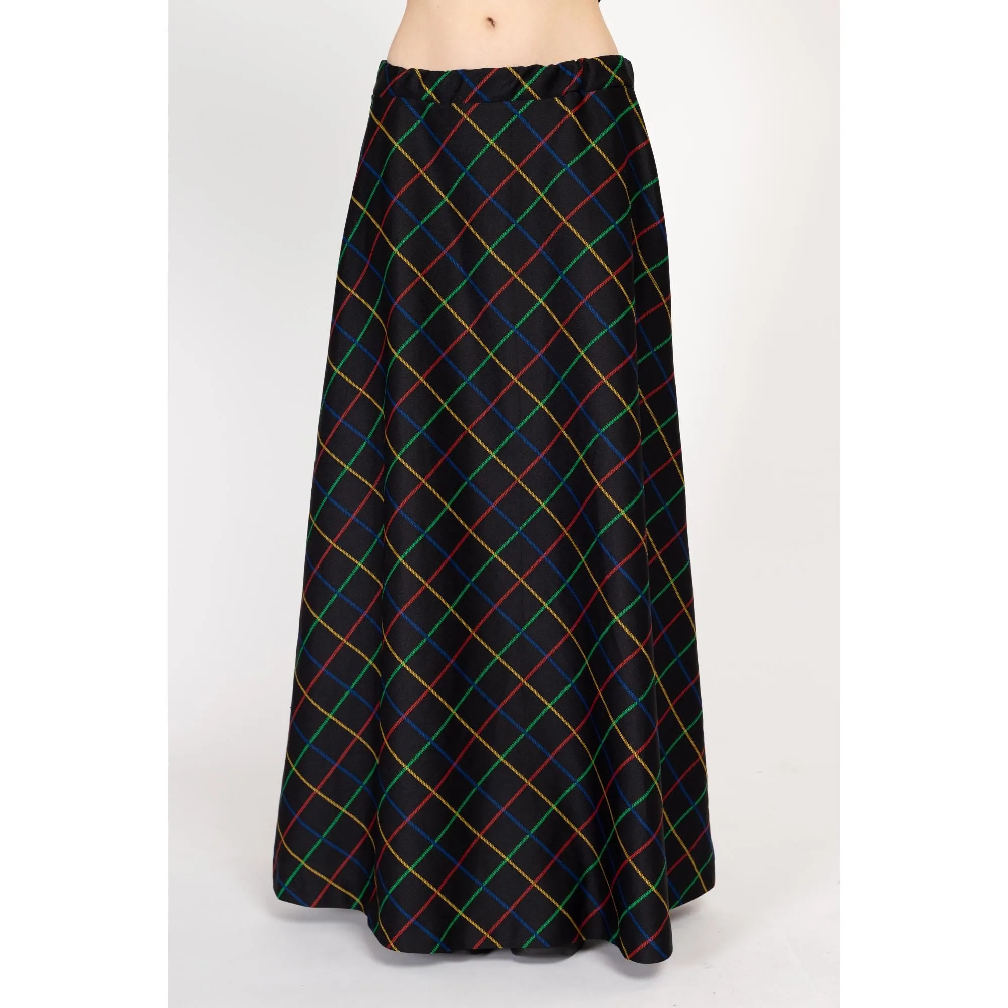 Large 70s Black Primary Color Windowpane Plaid Maxi Skirt