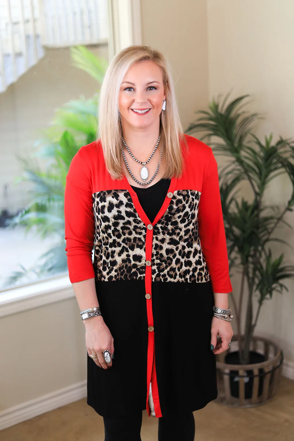 Last Chance Size Small & Medium | Another Glance Leopard Print Color Block Cardigan in Red