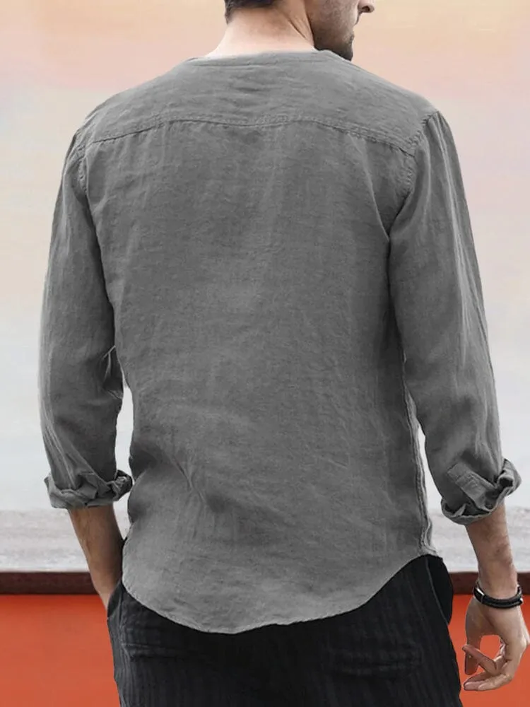 Linen Style Henley Shirt With Pocket