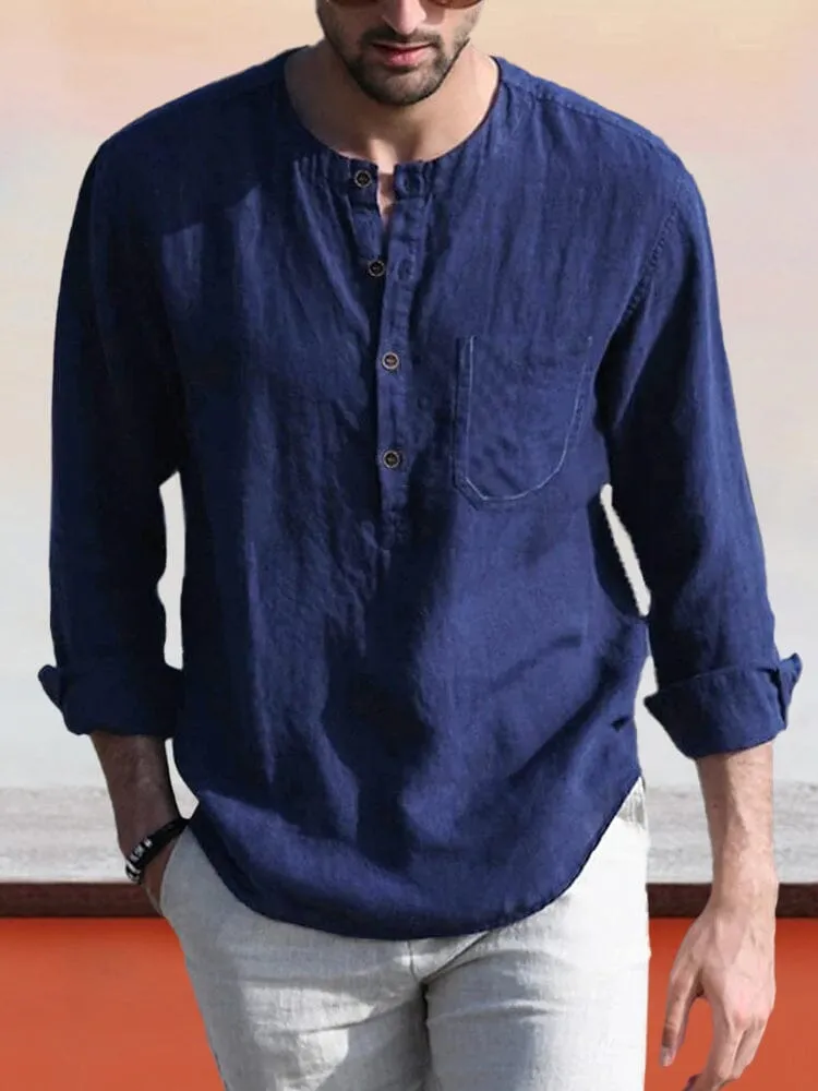 Linen Style Henley Shirt With Pocket