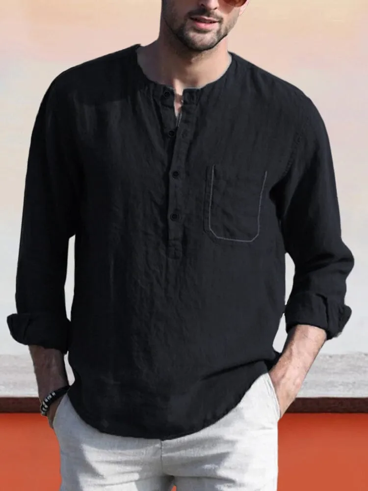 Linen Style Henley Shirt With Pocket
