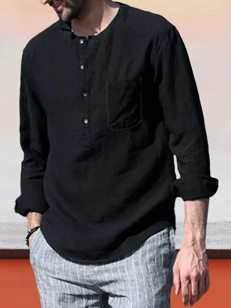 Linen Style Henley Shirt With Pocket